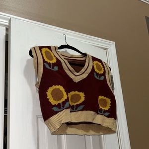 Cropped sweater vest, burgundy, sunflowers